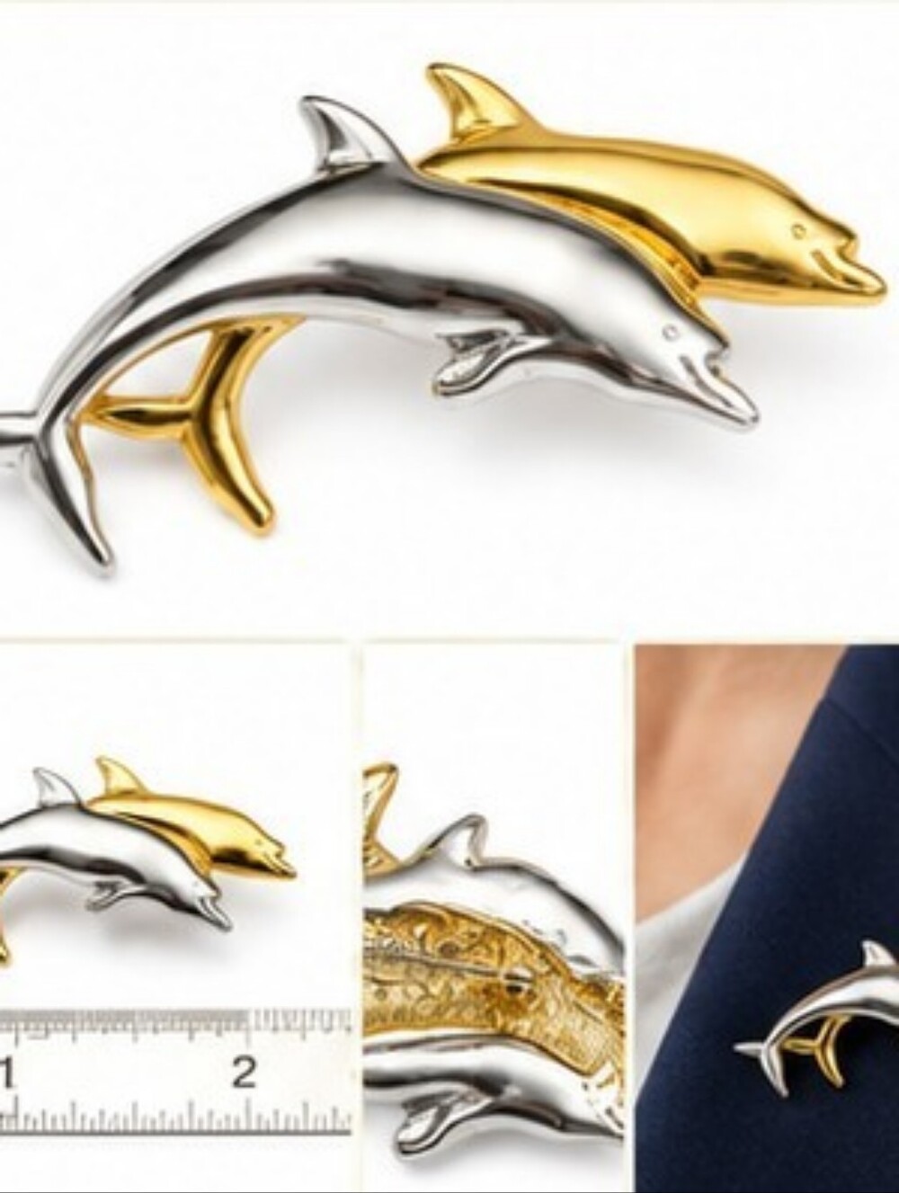 Vintage Liz Claiborne LCI Double Dolphin Brooch Silver Gold Tone Nautical Signed - Picture 4 of 9